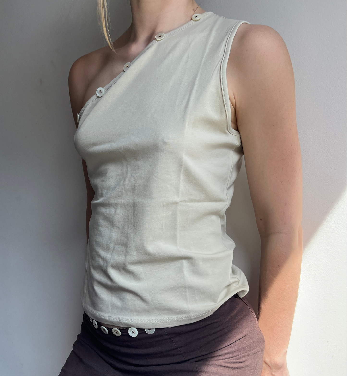 Hand embroidered Mother of pearl asymmetric tank in cream
