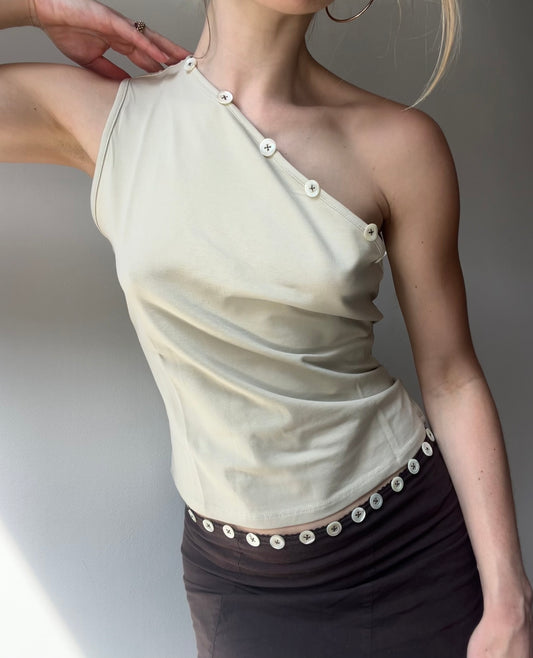 Hand embroidered Mother of pearl asymmetric tank in cream