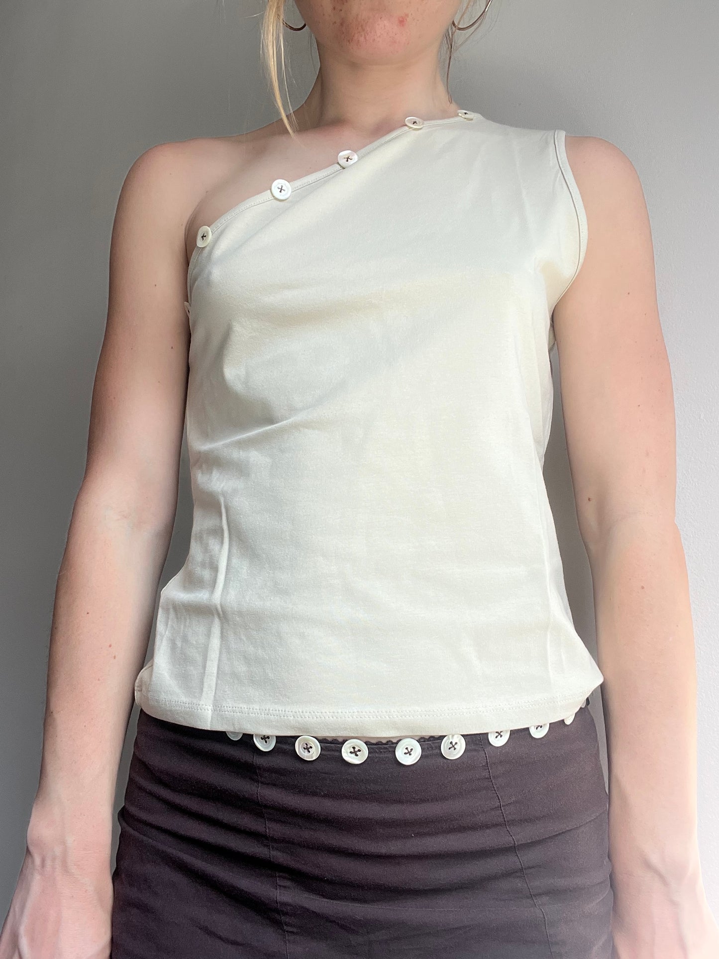 Hand embroidered Mother of pearl asymmetric tank in cream