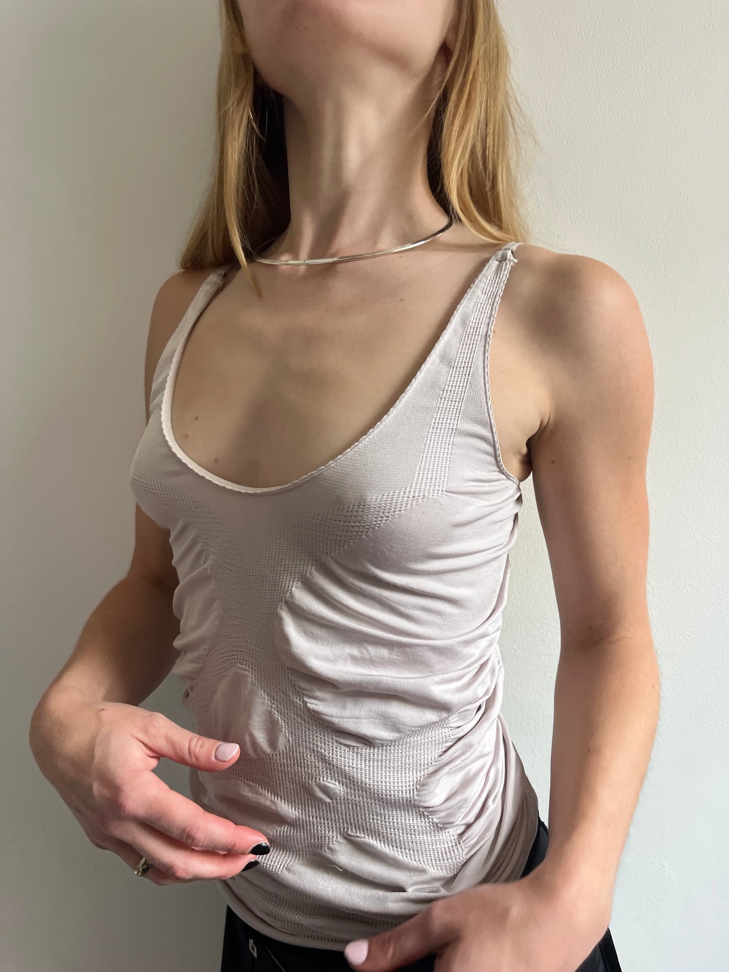 Marithe Francois Girbaud beige ruched stretchy tank S/M