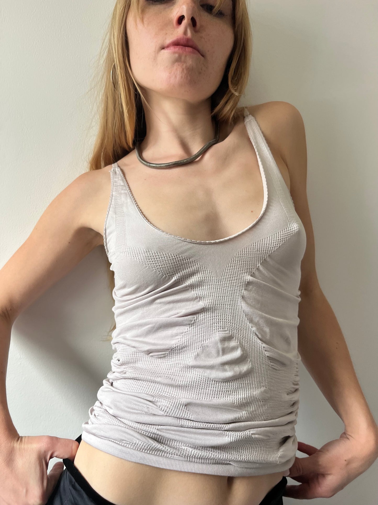 Marithe Francois Girbaud beige ruched stretchy tank S/M