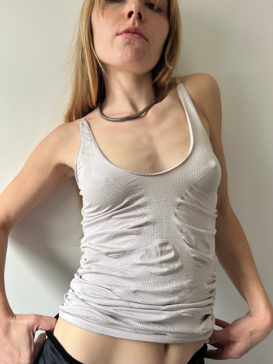Marithe Francois Girbaud beige ruched stretchy tank S/M