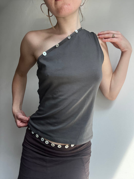 Hand embroidered Mother of pearl asymmetric tank in charcoal