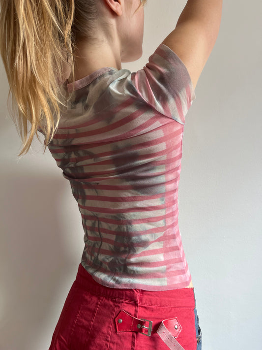 Vintage mesh stripy tee with graphic detail