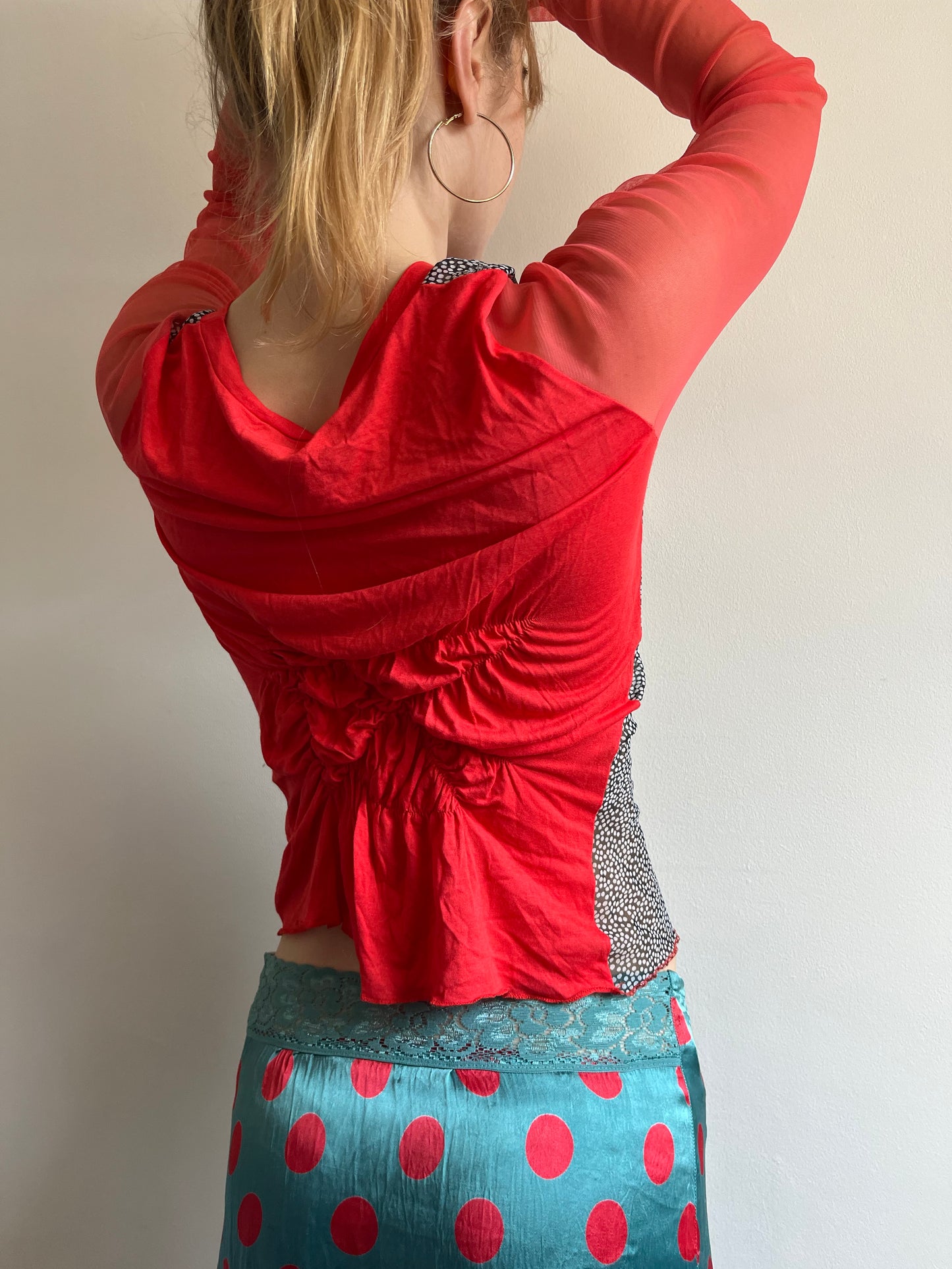 Italian designer mesh long sleeve top with ruched back