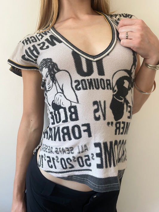 Fornarina y2k graphic stripy v neck tshirt
