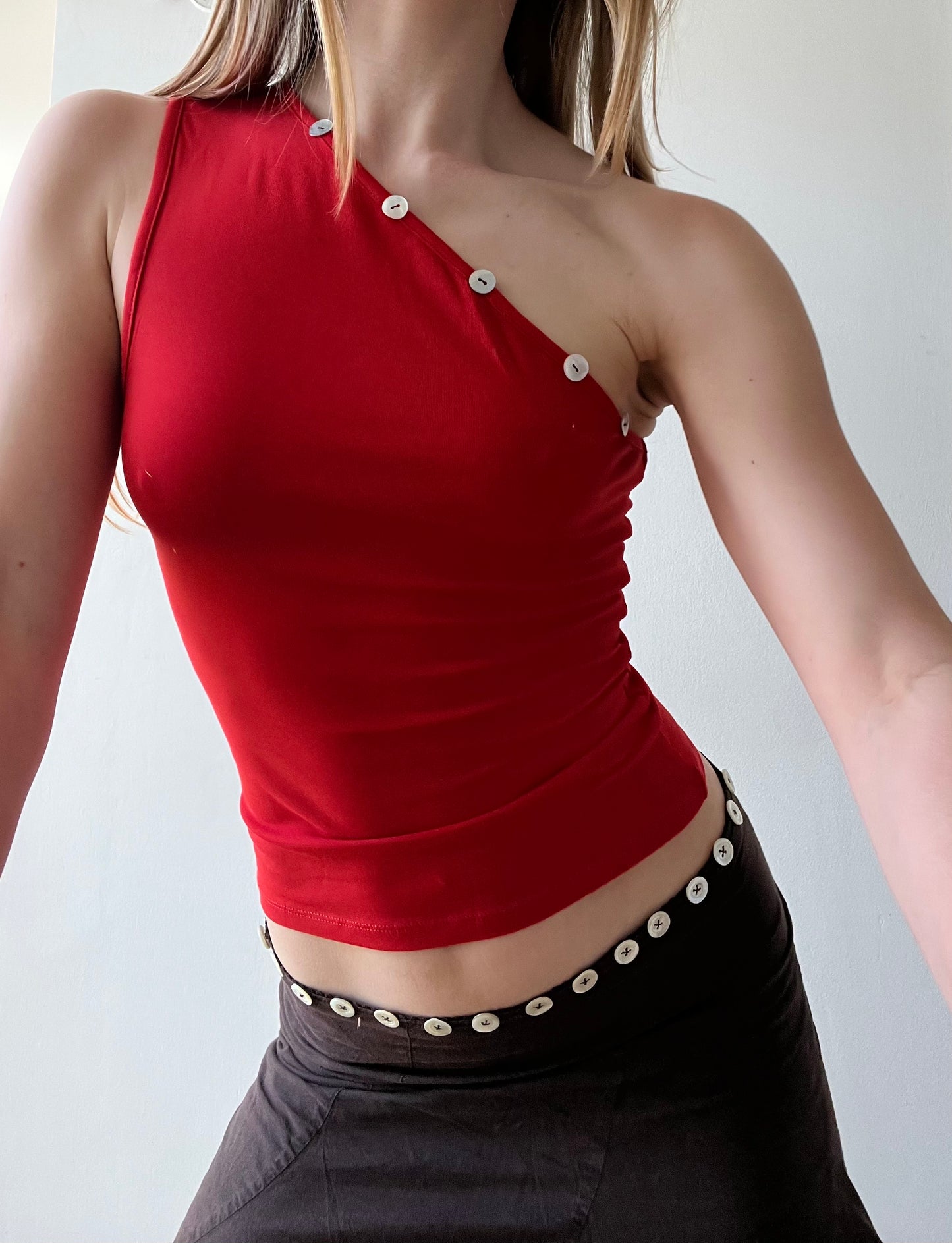 Hand embroidered Mother of pearl Asymmetric tank